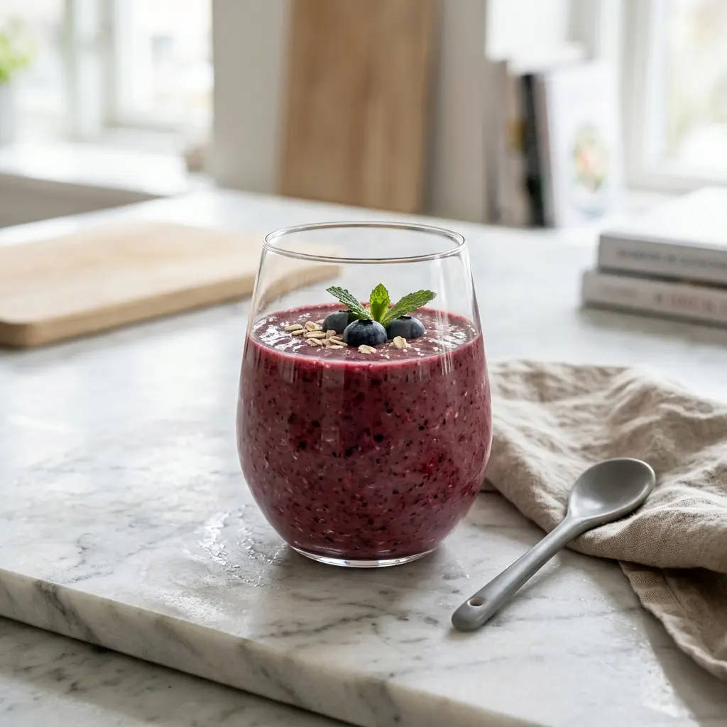 Ett glas frukostsmoothie serverat kallt och fräscht med enkel garnering