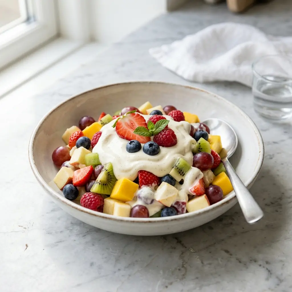 En fräsch portion fruktsallad med råkräm med färska råvaror och fin servering