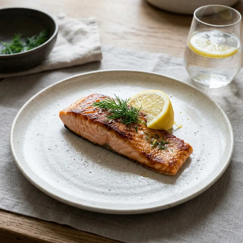 Ett glas fryst lax i stekpanna serverat kallt och fräscht med enkel garnering