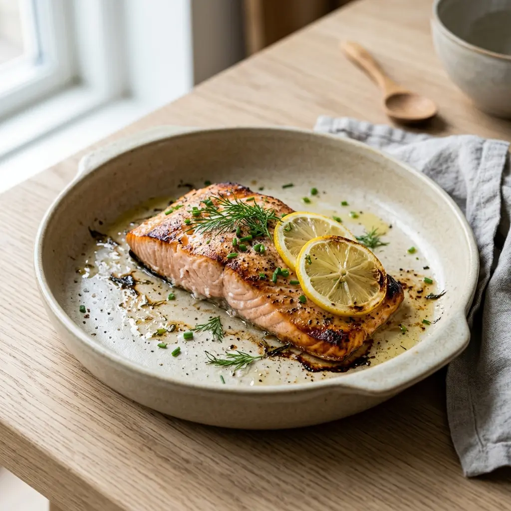 Nylagad fryst lax i ugn serverad på ett aptitligt och hemlagat sätt