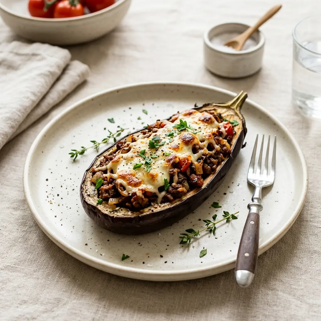 Nylagad fylld aubergine serverad på ett aptitligt och hemlagat sätt
