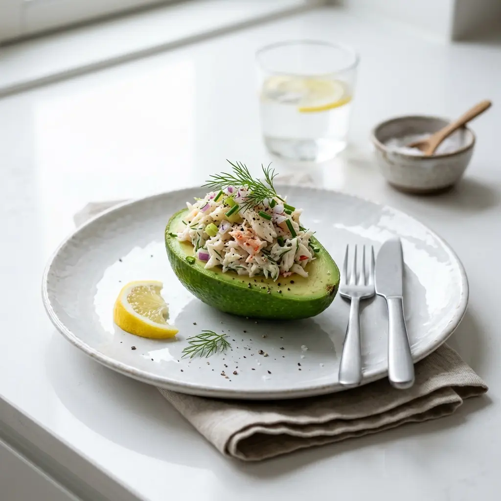 Nylagad fylld avokado med krabba serverad på ett aptitligt och hemlagat sätt