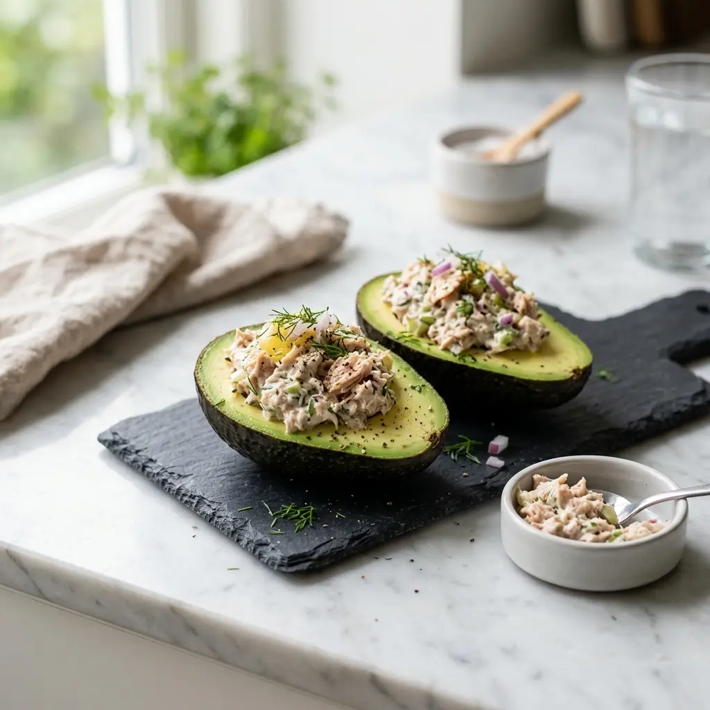 Nylagad fylld avokado med tonfisk serverad på ett aptitligt och hemlagat sätt