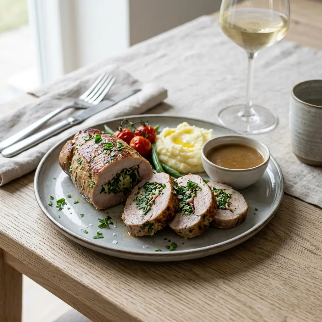 Nylagad fylld fläskfilé med persilja serverad på ett aptitligt och hemlagat sätt