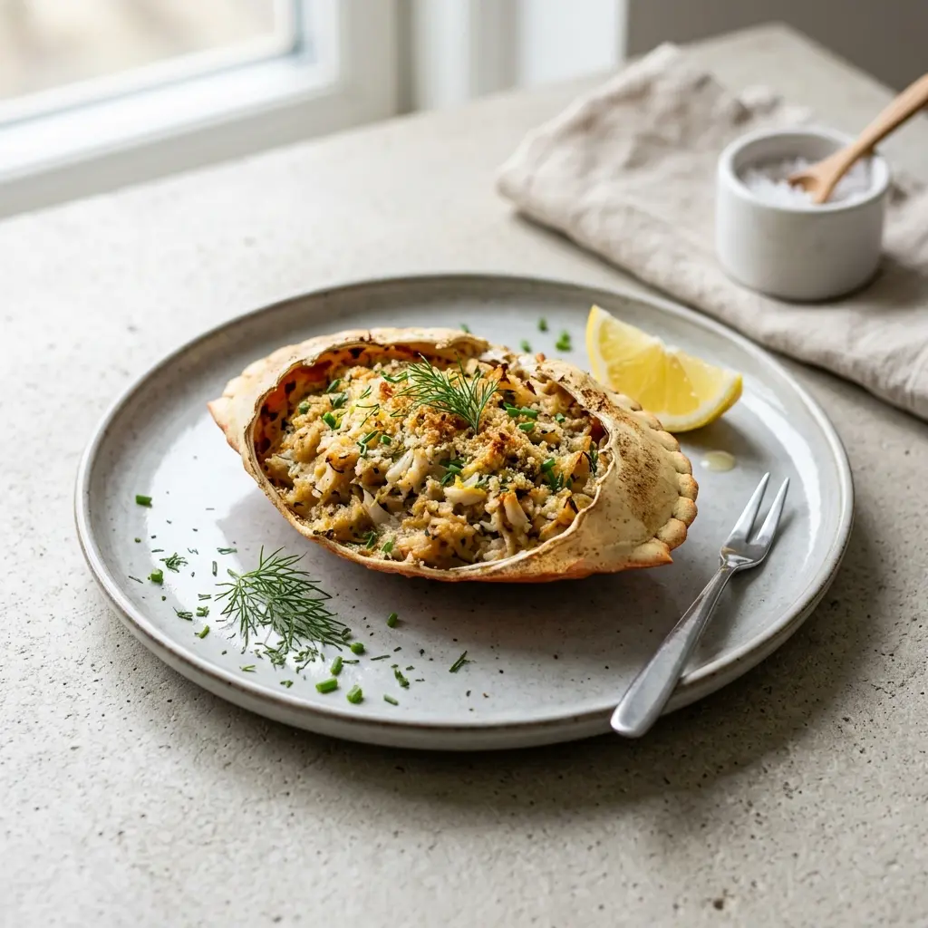 Nylagad fylld krabba serverad på ett aptitligt och hemlagat sätt