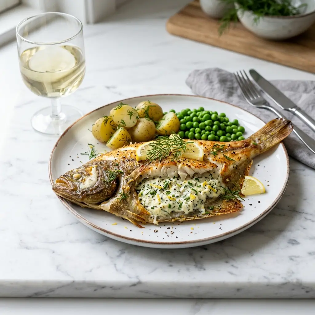 Nylagad fylld rödspätta med färskost serverad på ett aptitligt och hemlagat sätt