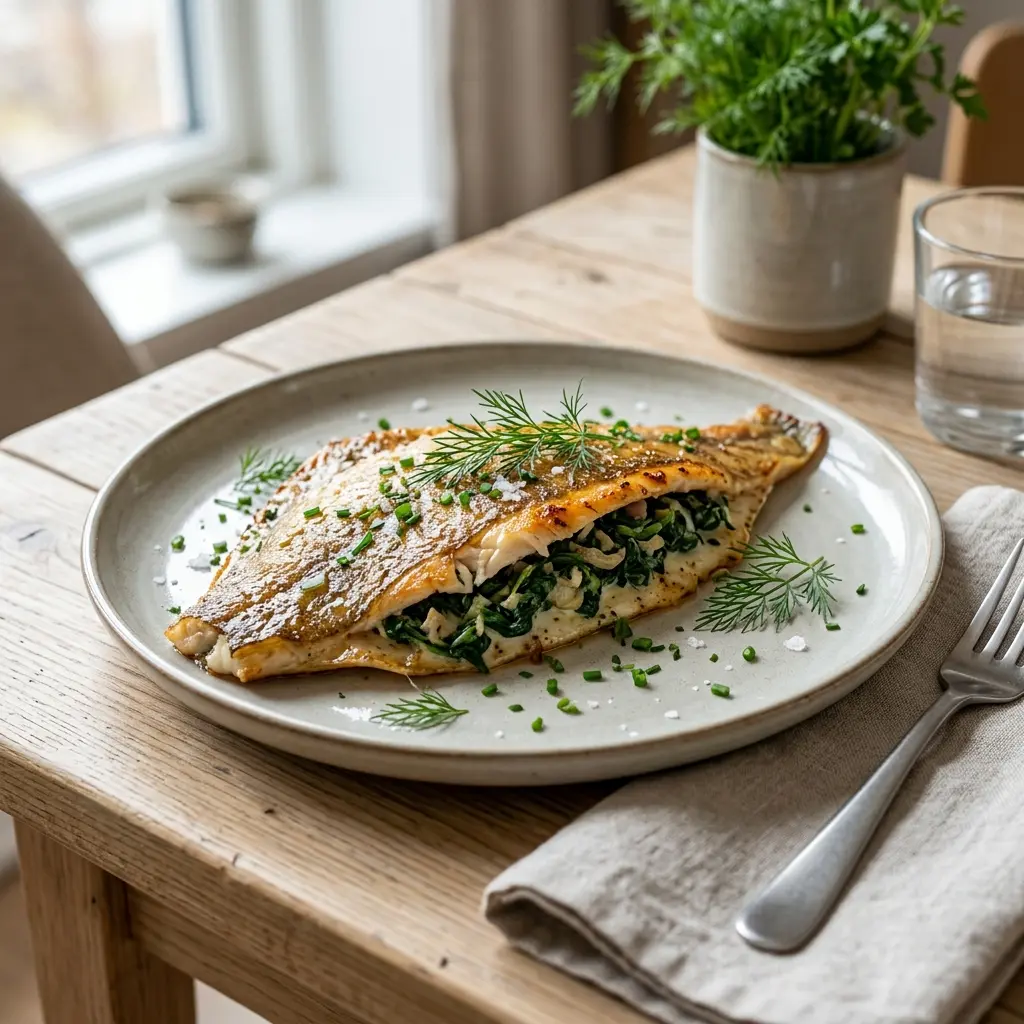 Nylagad fylld rödspätta med spenat serverad på ett aptitligt och hemlagat sätt