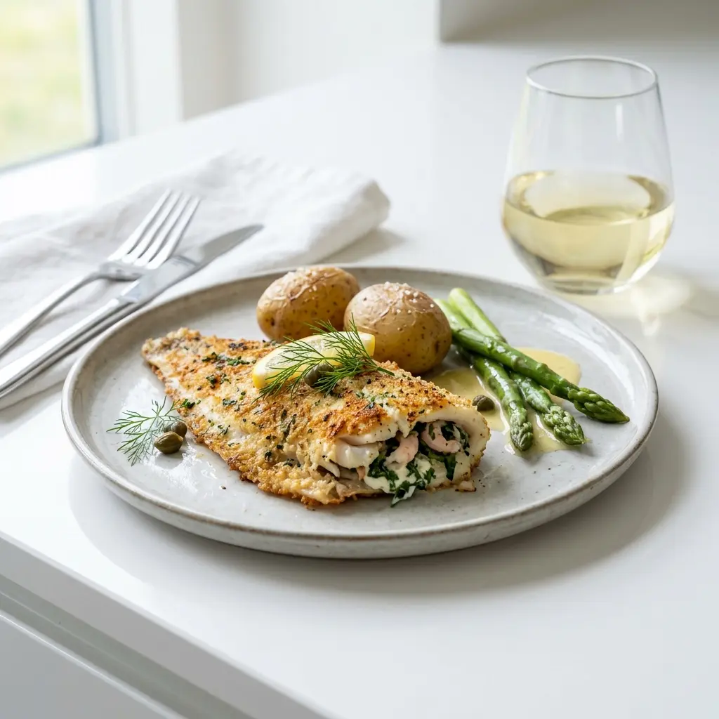 Nylagad fylld rödspättafilé serverad på ett aptitligt och hemlagat sätt