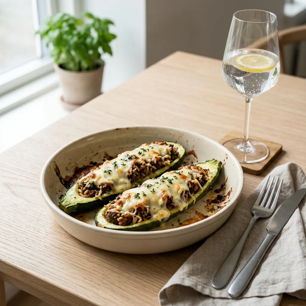 Nylagad fylld zucchini serverad på ett aptitligt och hemlagat sätt