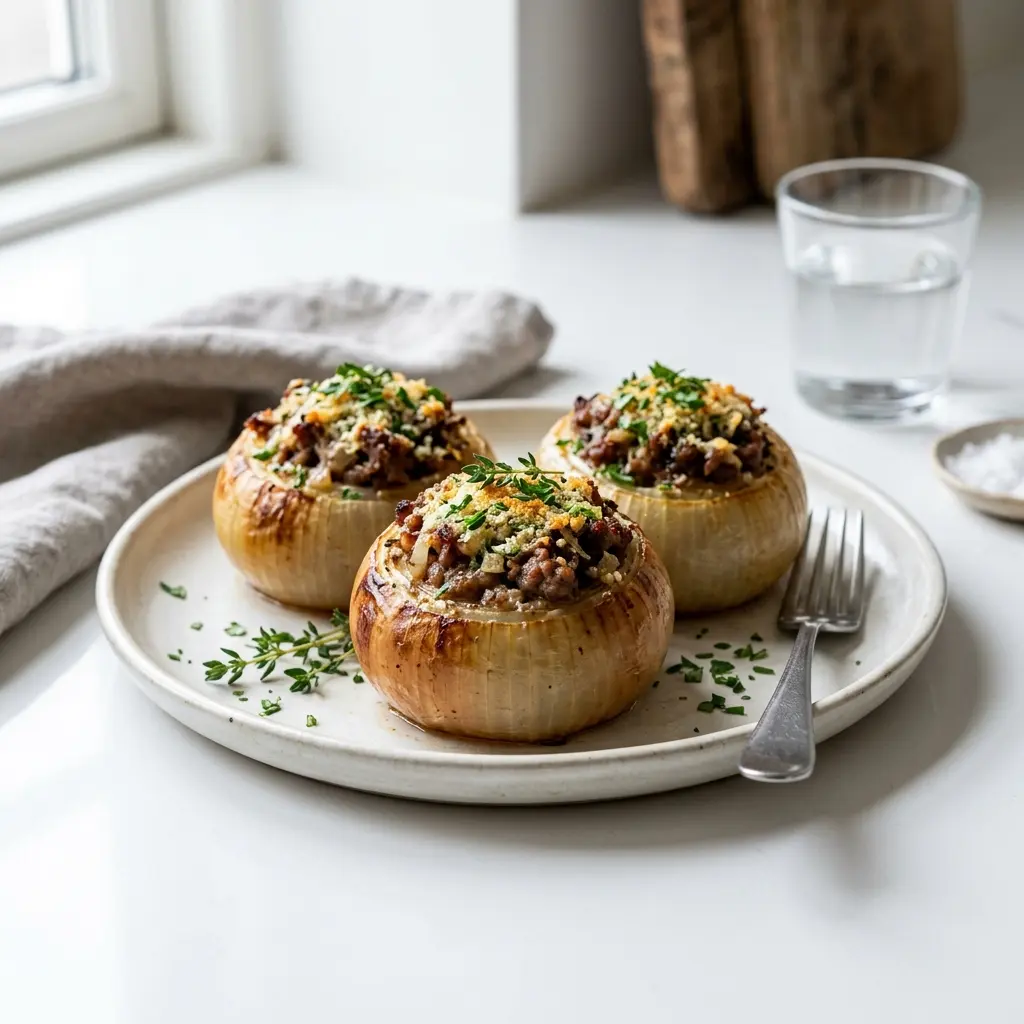Nylagad fyllda lökar med köttfärs serverad på ett aptitligt och hemlagat sätt