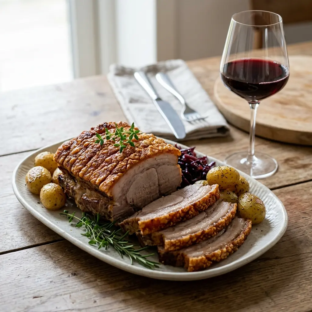 Ett glas gammaldags fläskstek serverat kallt och fräscht med enkel garnering