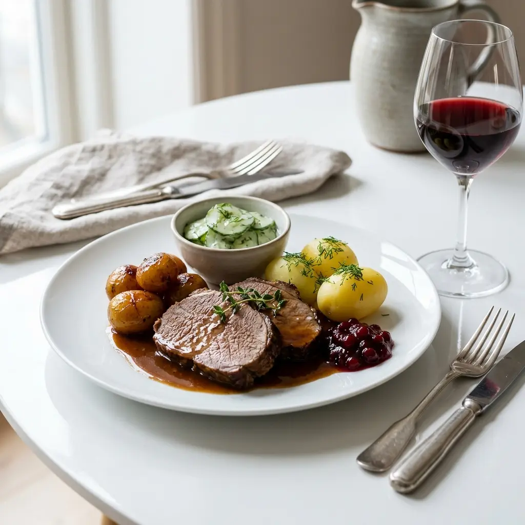 Ett glas gammaldags kalvstek serverat kallt och fräscht med enkel garnering