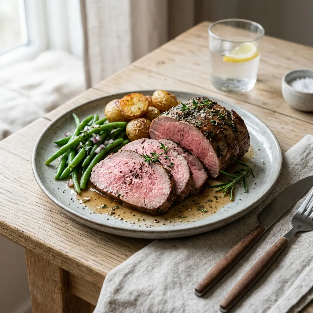 Nylagad gammaldags rostbiff serverad på ett aptitligt och hemlagat sätt