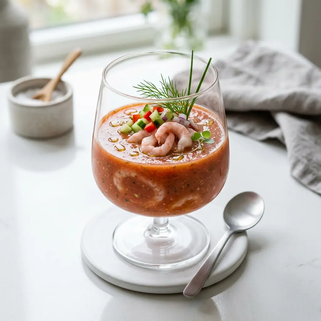 Nylagad gazpacho med räkor serverad på ett aptitligt och hemlagat sätt