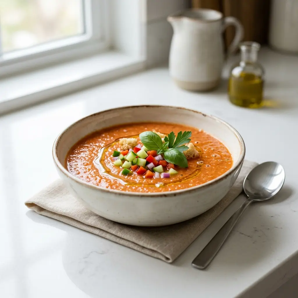 Nylagad gazpacho serverad på ett aptitligt och hemlagat sätt