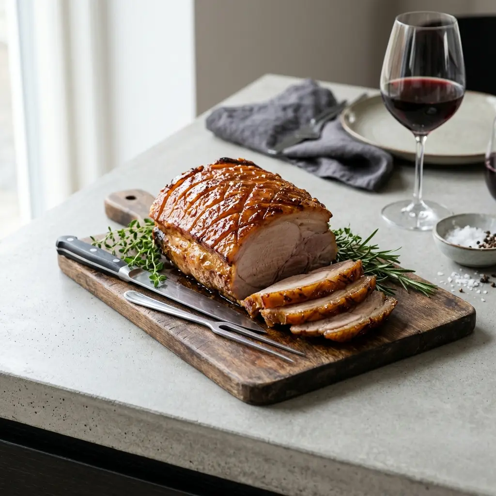 Ett glas glaserad skinkstek serverat kallt och fräscht med enkel garnering