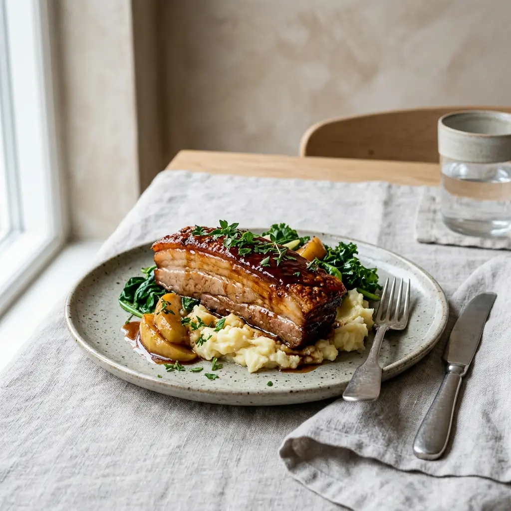 Nylagad glaserat sidfläsk serverad på ett aptitligt och hemlagat sätt