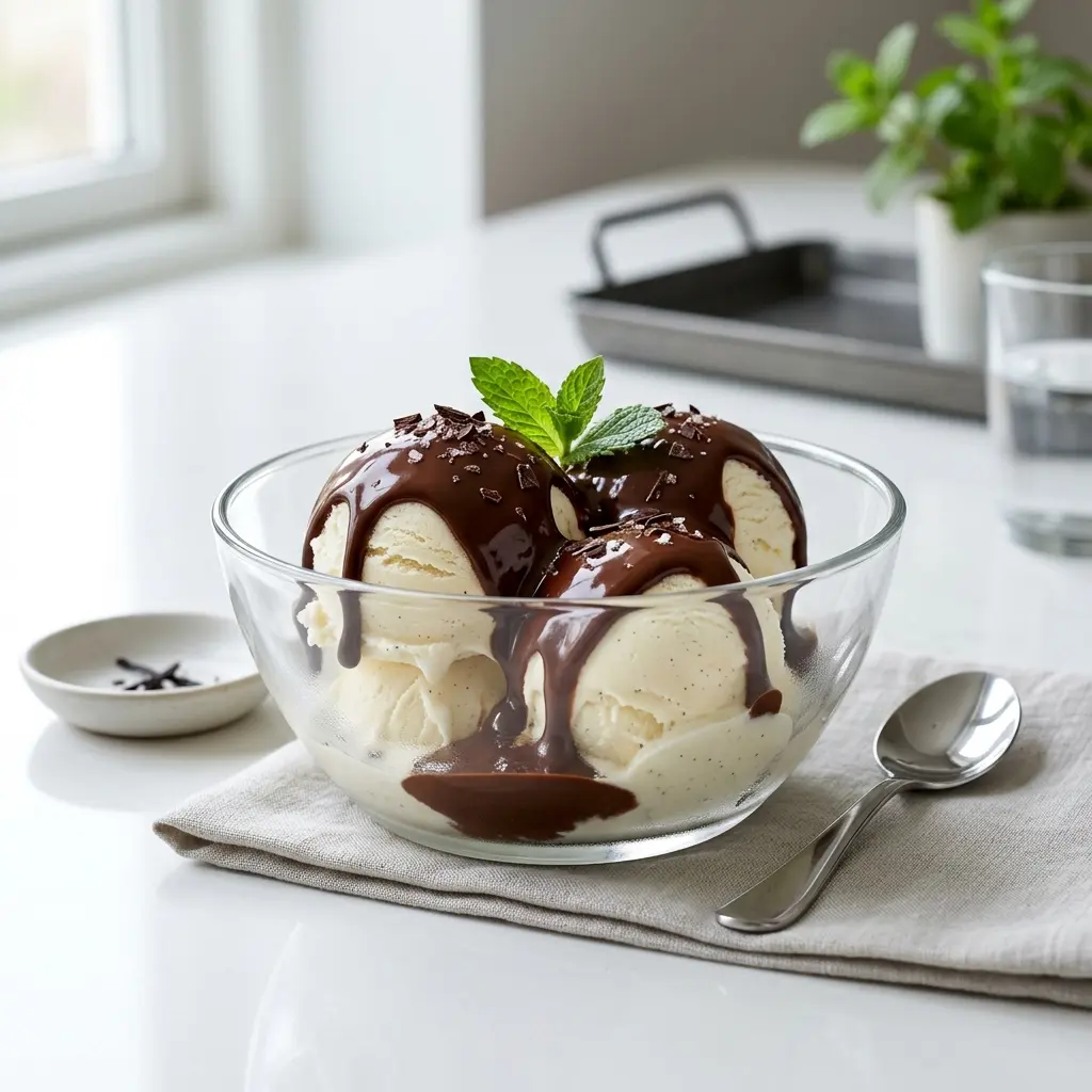 En skål med glass med chokladsås klar att servera som smakrikt tillbehör