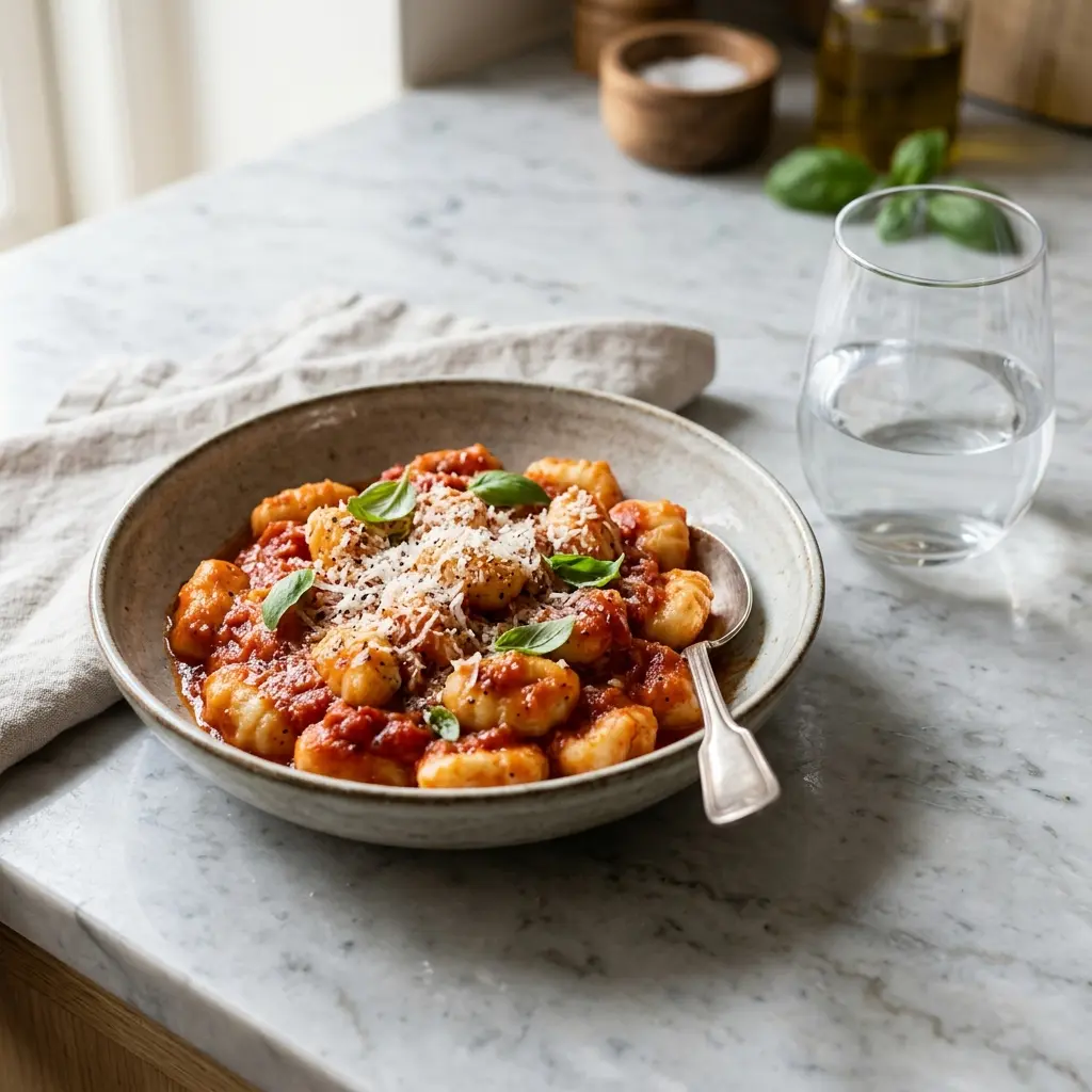 En skål med gnocchi med tomatsås klar att servera som smakrikt tillbehör
