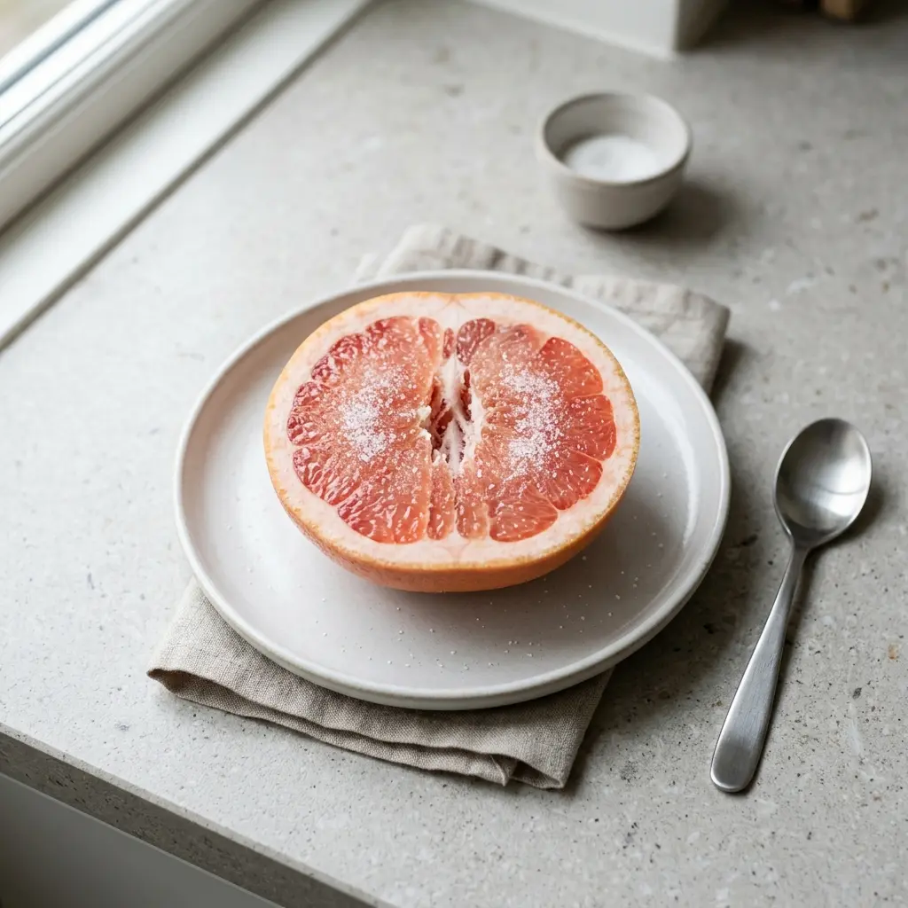 Nylagad grapefrukt med socker serverad på ett aptitligt och hemlagat sätt