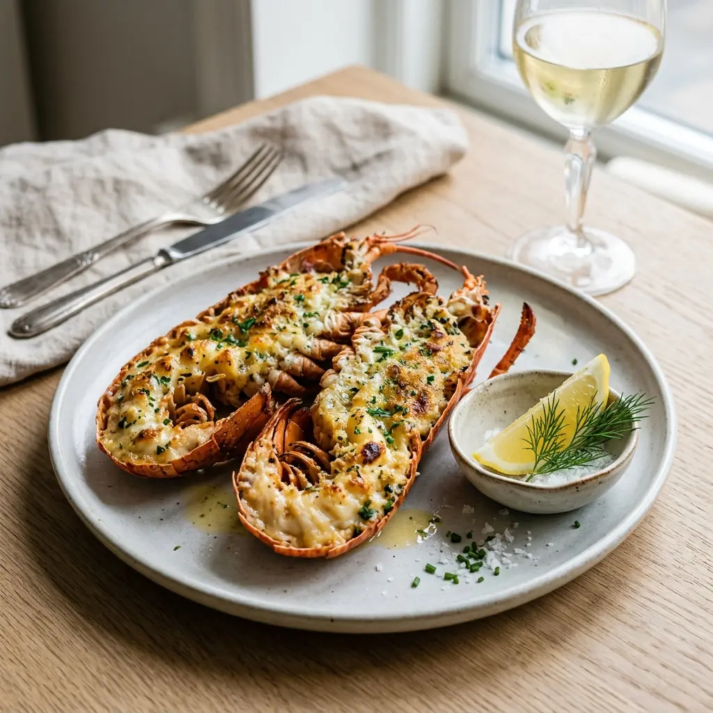 Nylagad gratinerad hummer serverad på ett aptitligt och hemlagat sätt