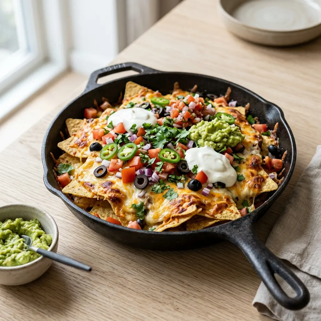Nylagad gratinerade nachos serverad på ett aptitligt och hemlagat sätt