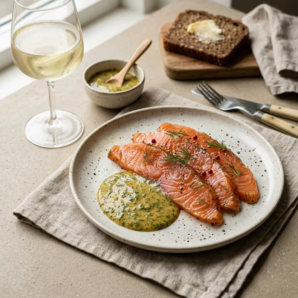 En skål med gravad lax med hovmästarsås klar att servera som smakrikt tillbehör