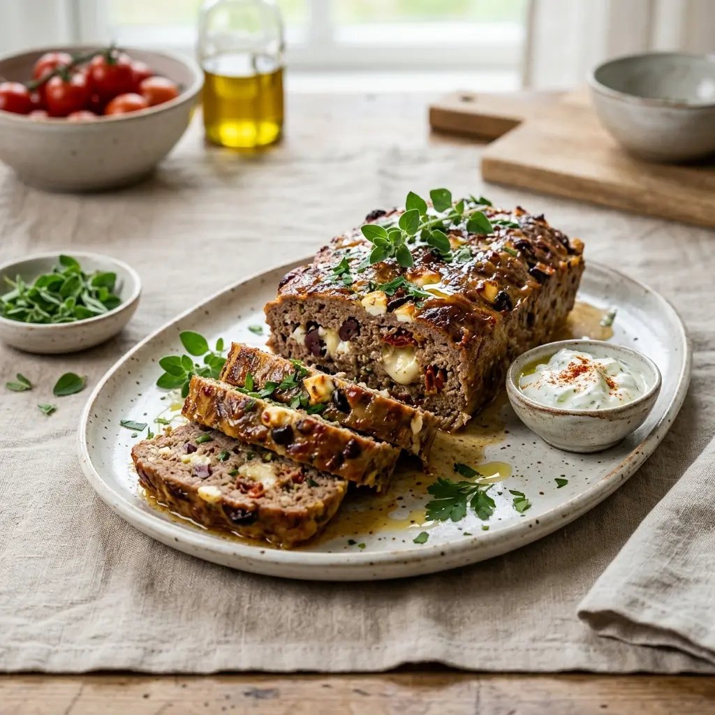 Nylagad grekisk köttfärslimpa serverad på ett aptitligt och hemlagat sätt