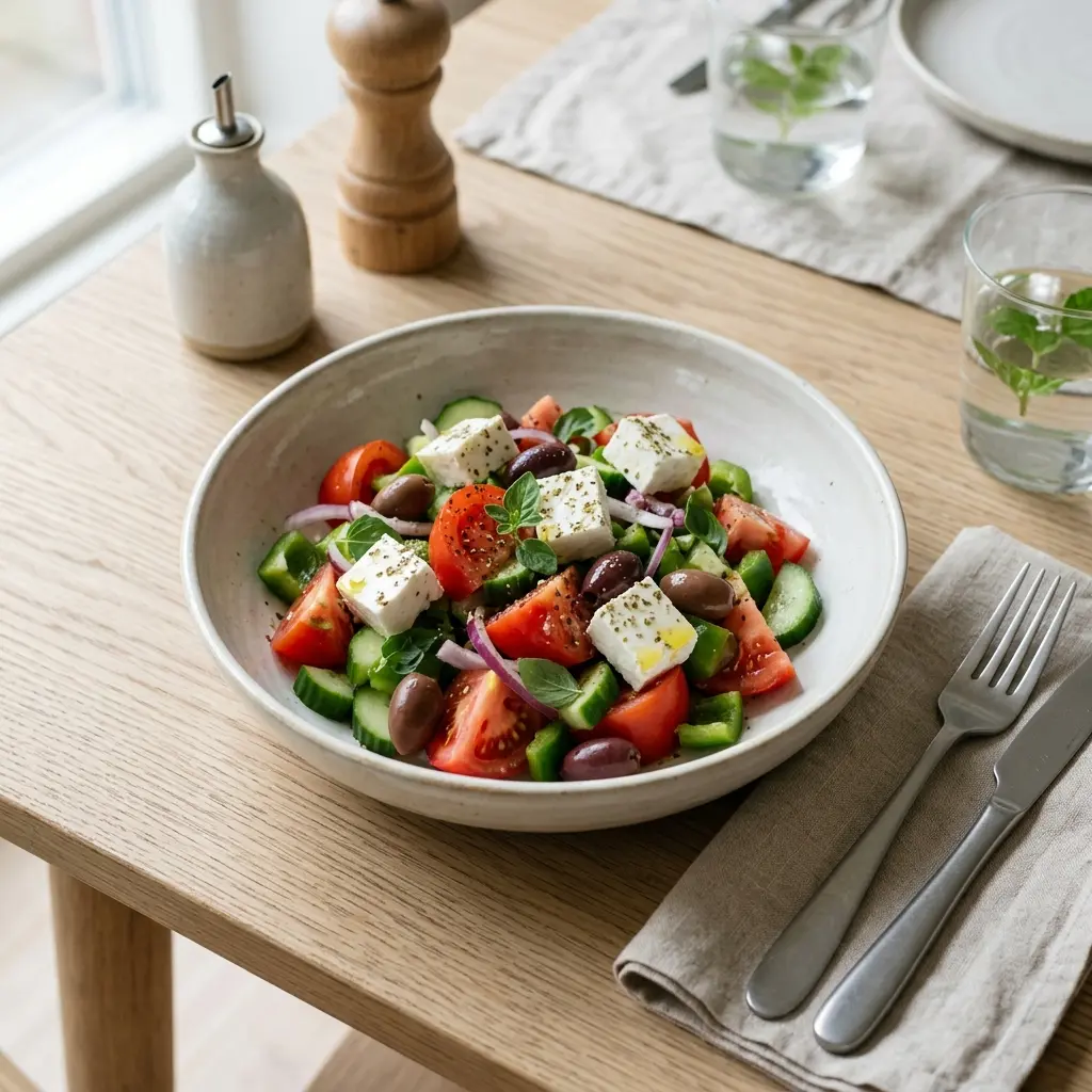 En fräsch portion grekisk sallad med färska råvaror och fin servering