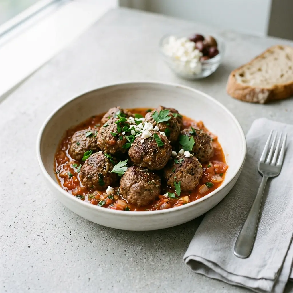 Nybakad grekiska köttbullar serverad och klar att njuta av