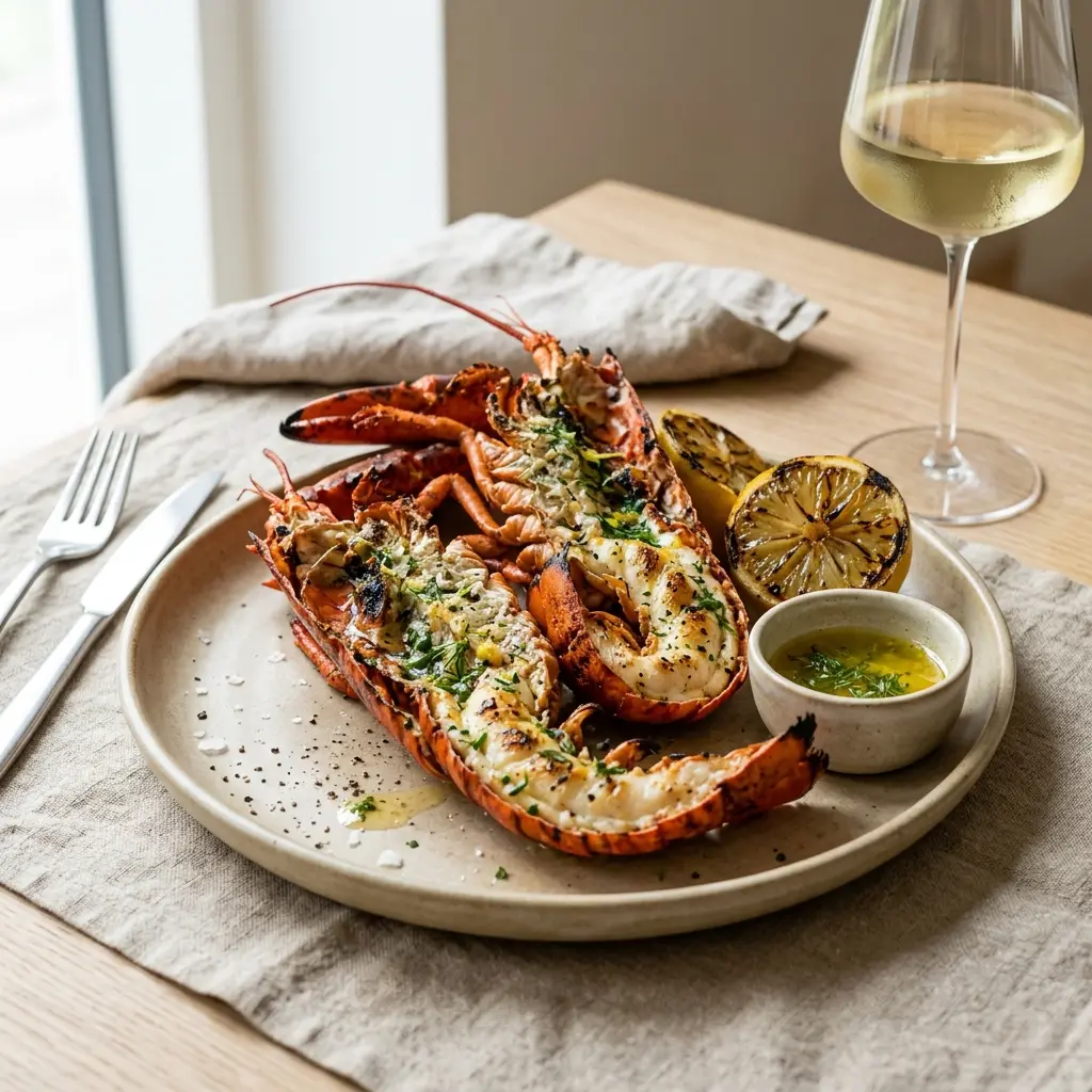 Nylagad grillad hummer serverad på ett aptitligt och hemlagat sätt