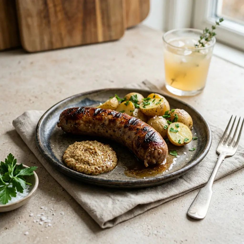 Ett glas grillad medisterkorv serverat kallt och fräscht med enkel garnering
