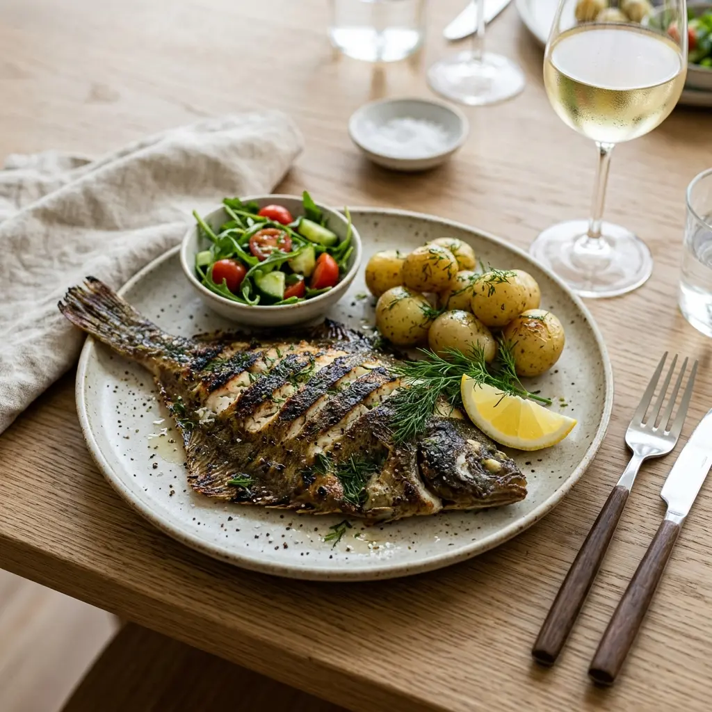 Nylagad grillad rödspätta serverad på ett aptitligt och hemlagat sätt