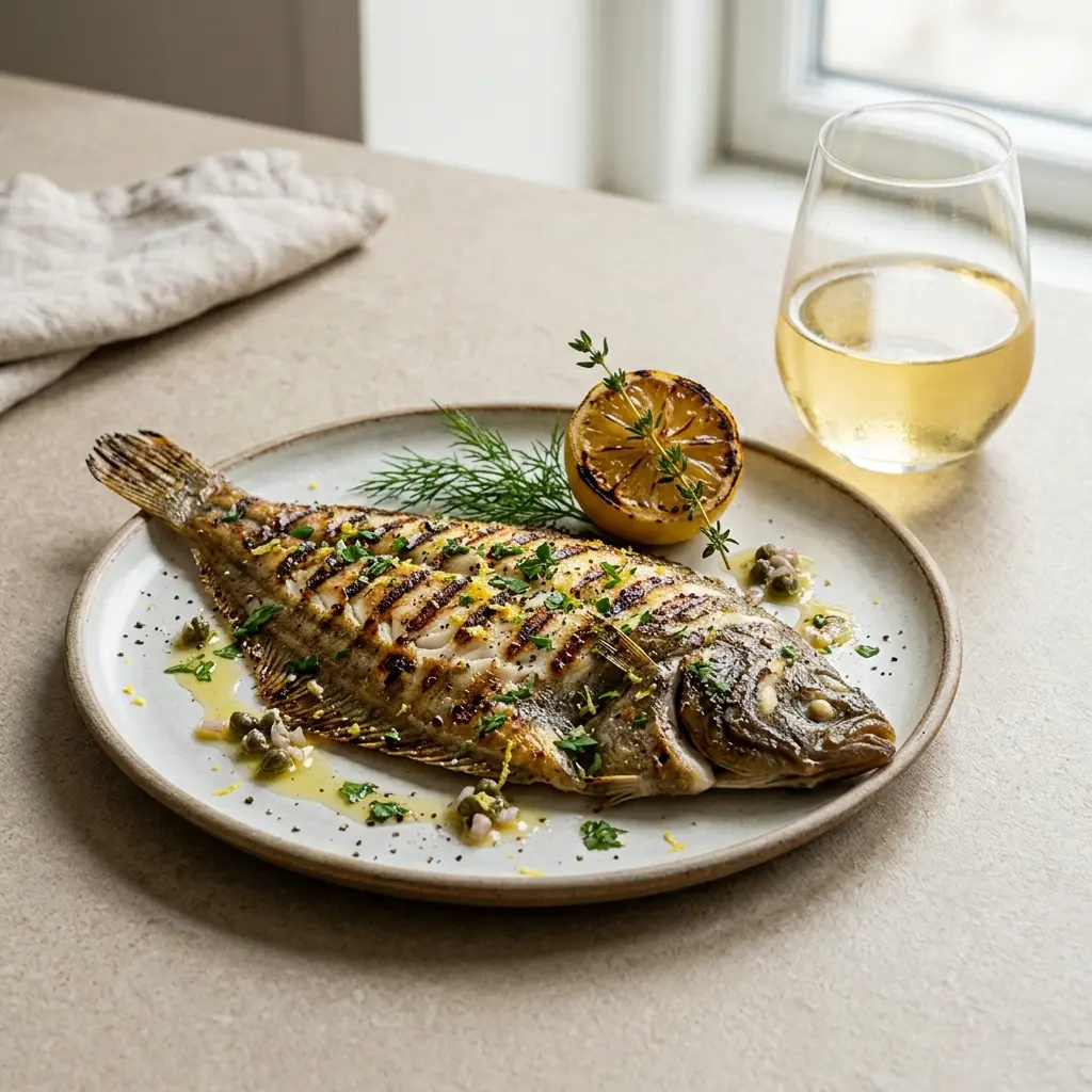 Nylagad grillad sjötunga serverad på ett aptitligt och hemlagat sätt