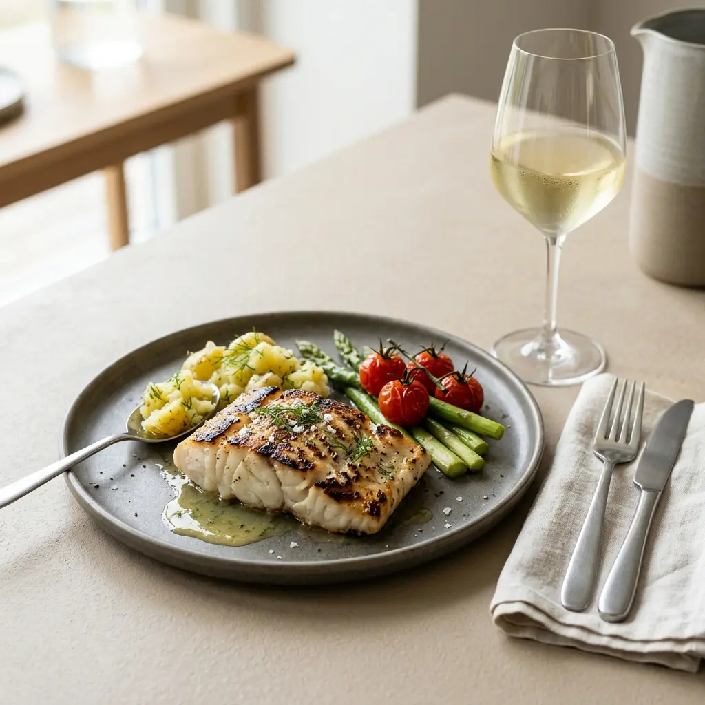 Nylagad grillad torsk serverad på ett aptitligt och hemlagat sätt