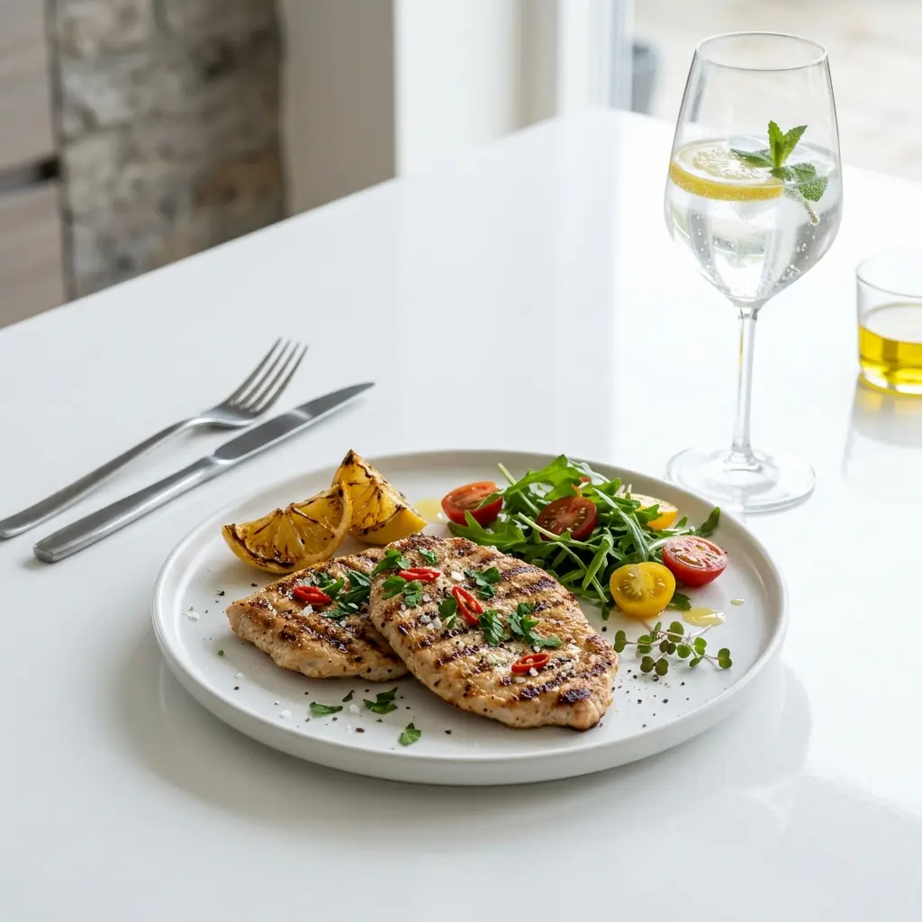 Nylagad grillade kalkonschnitzlar serverad på ett aptitligt och hemlagat sätt