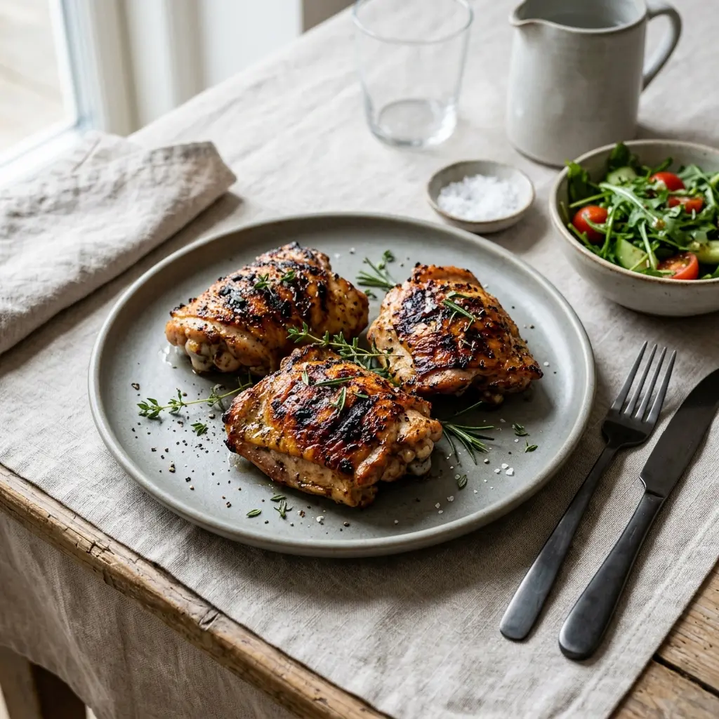 Nylagad grillade kycklinglår serverad på ett aptitligt och hemlagat sätt