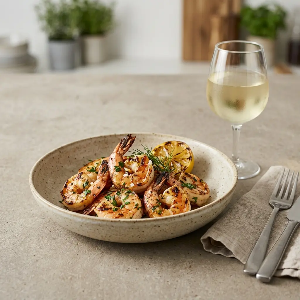 Nylagad grillade räkor serverad på ett aptitligt och hemlagat sätt