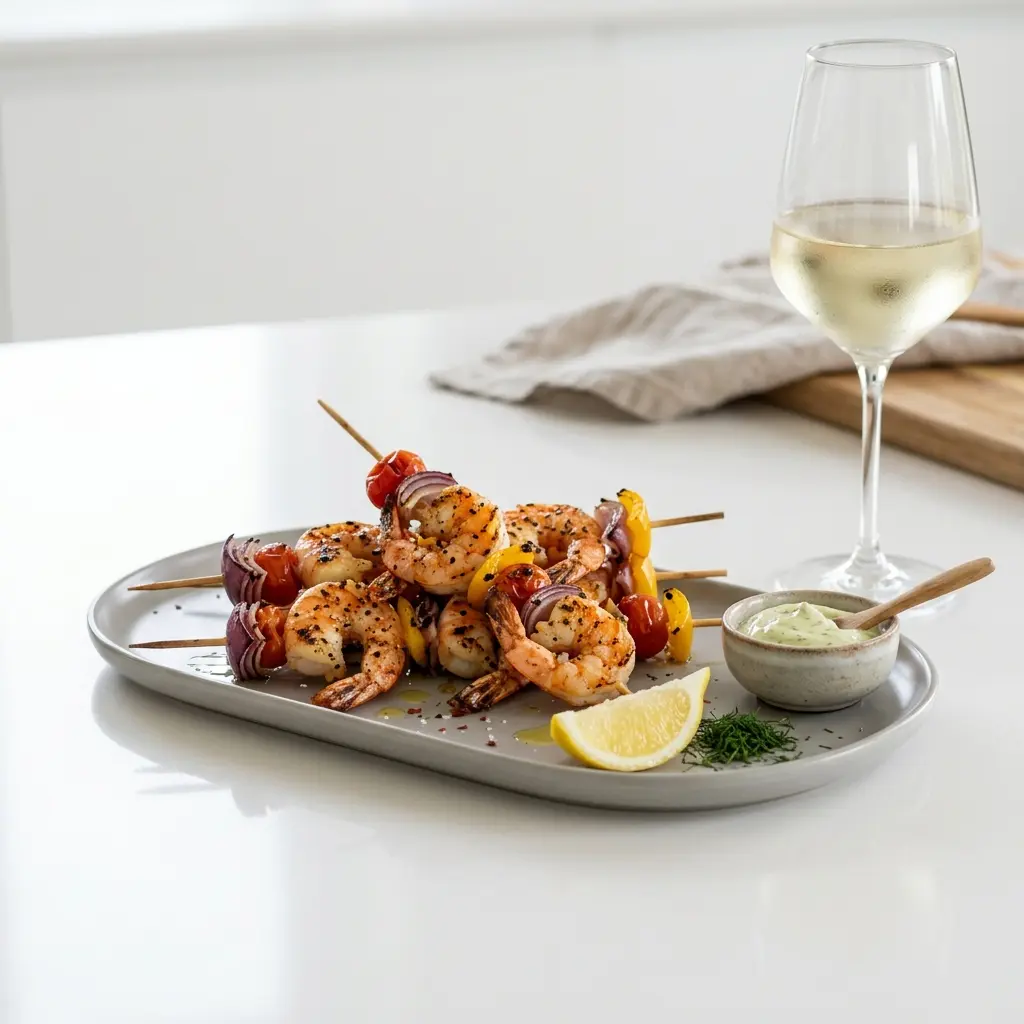Nylagad grillade räkspett serverad på ett aptitligt och hemlagat sätt