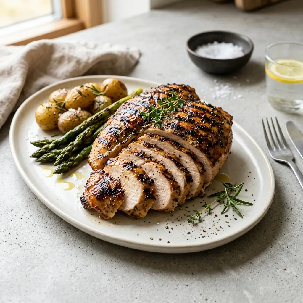Nylagad grillat kalkonbröst serverad på ett aptitligt och hemlagat sätt