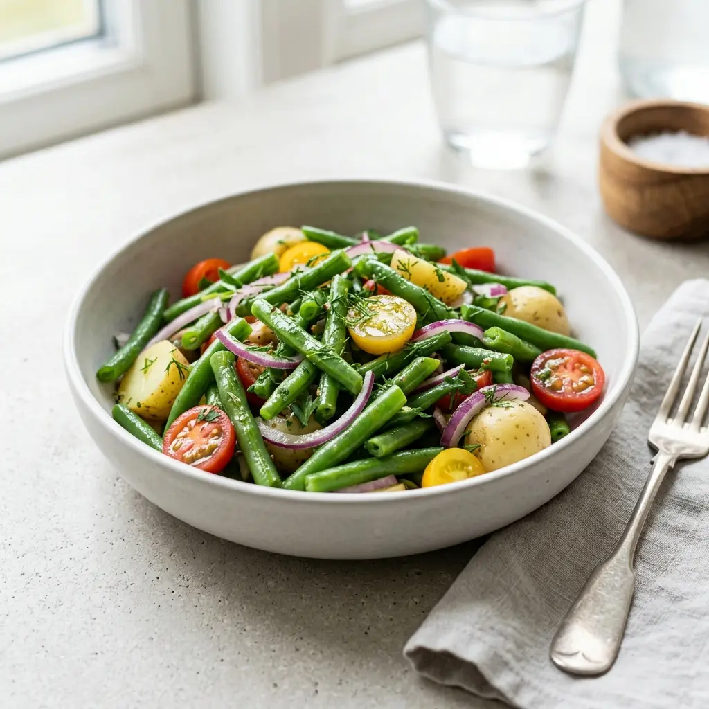 En fräsch portion grön bönsallad med färska råvaror och fin servering