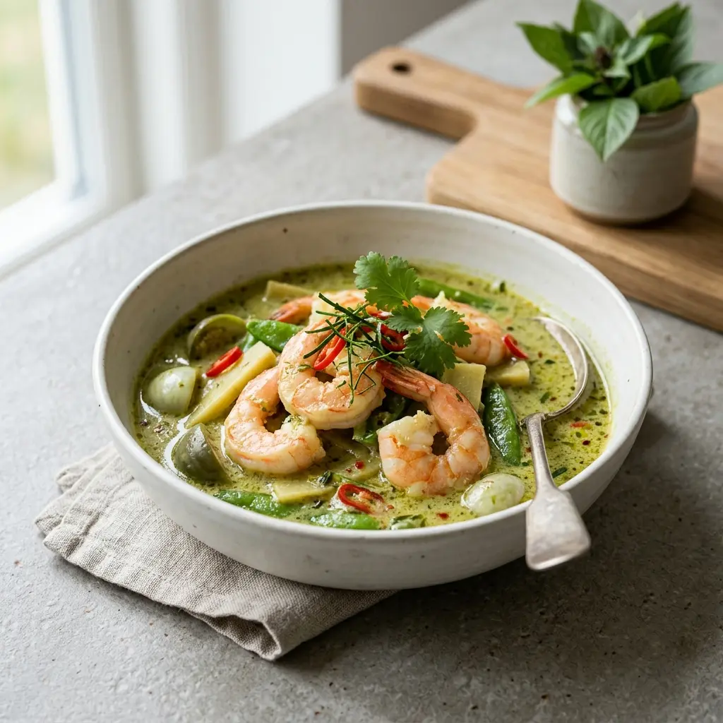 Nylagad grön curry med räkor serverad på ett aptitligt och hemlagat sätt