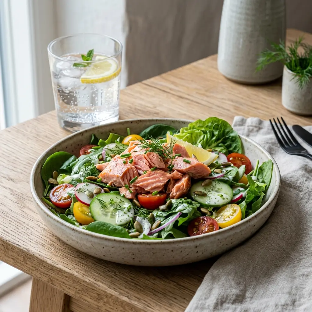 En fräsch portion grön sallad med varmrökt lax med färska råvaror och fin servering