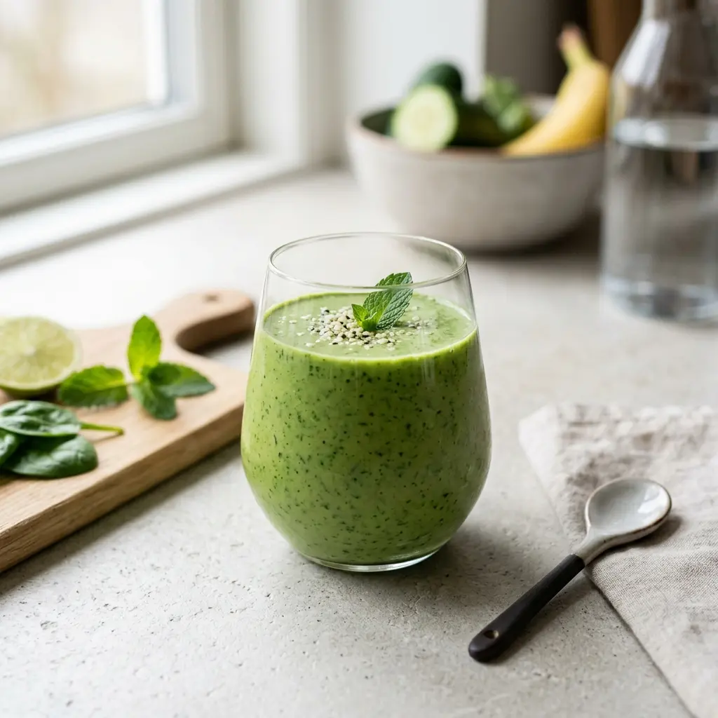 Ett glas grön smoothie serverat kallt och fräscht med enkel garnering