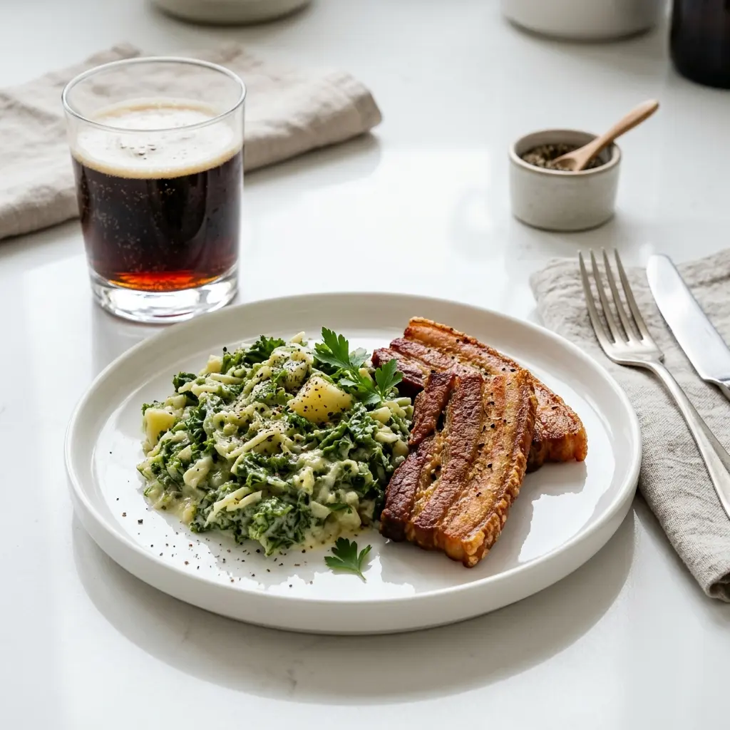 Nylagad grönkål med fläsk serverad på ett aptitligt och hemlagat sätt