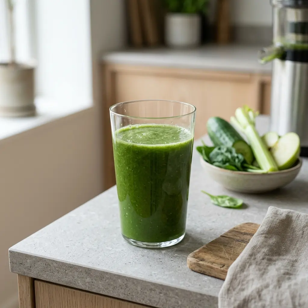 Ett glas grönsaksjuice serverat kallt och fräscht med enkel garnering