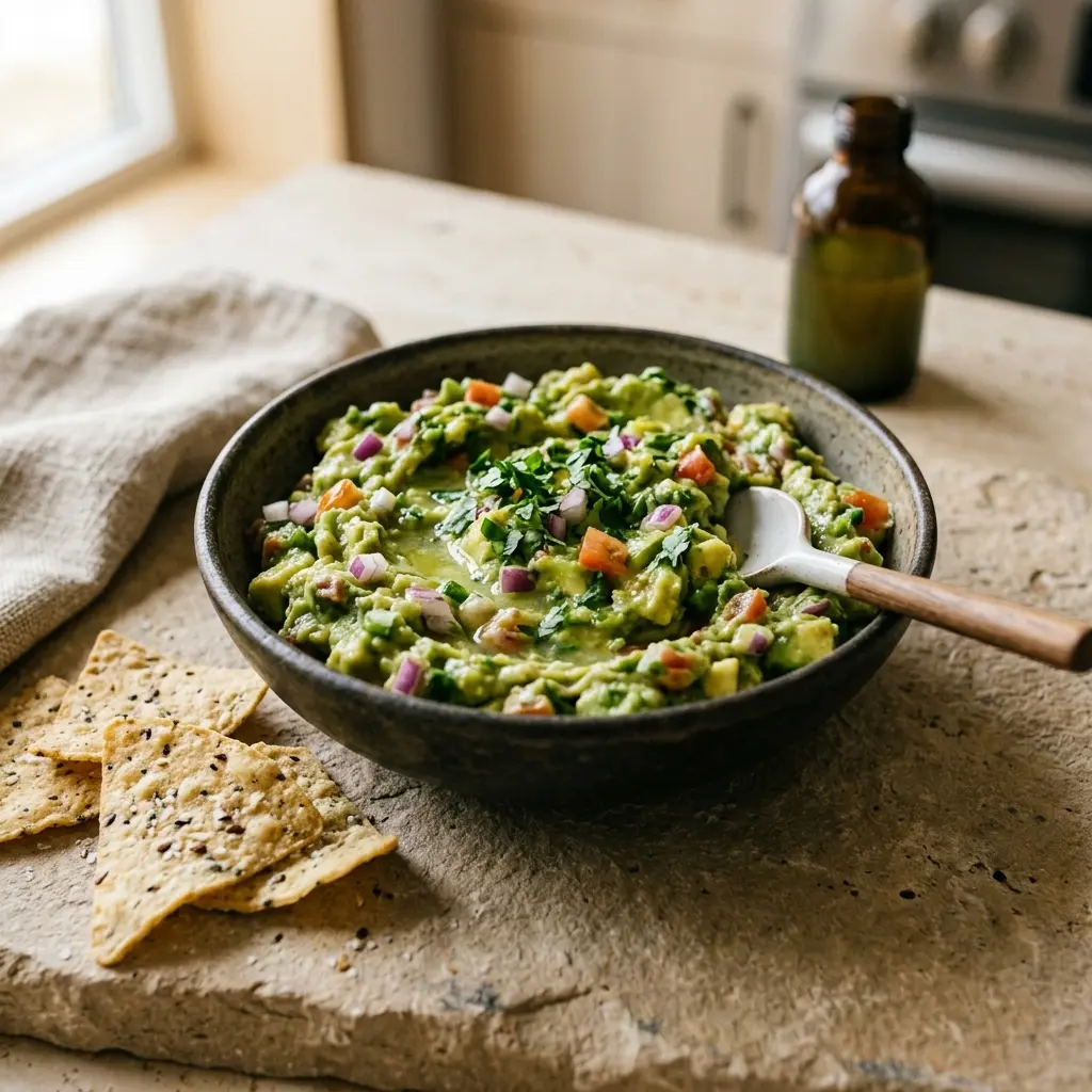 Nylagad guacamole serverad på ett aptitligt och hemlagat sätt