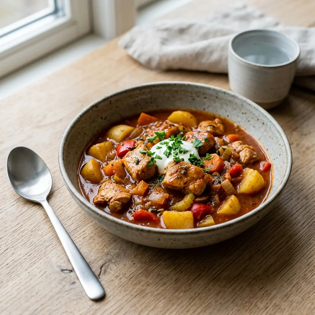 Nylagad gulasch med kalkon serverad på ett aptitligt och hemlagat sätt
