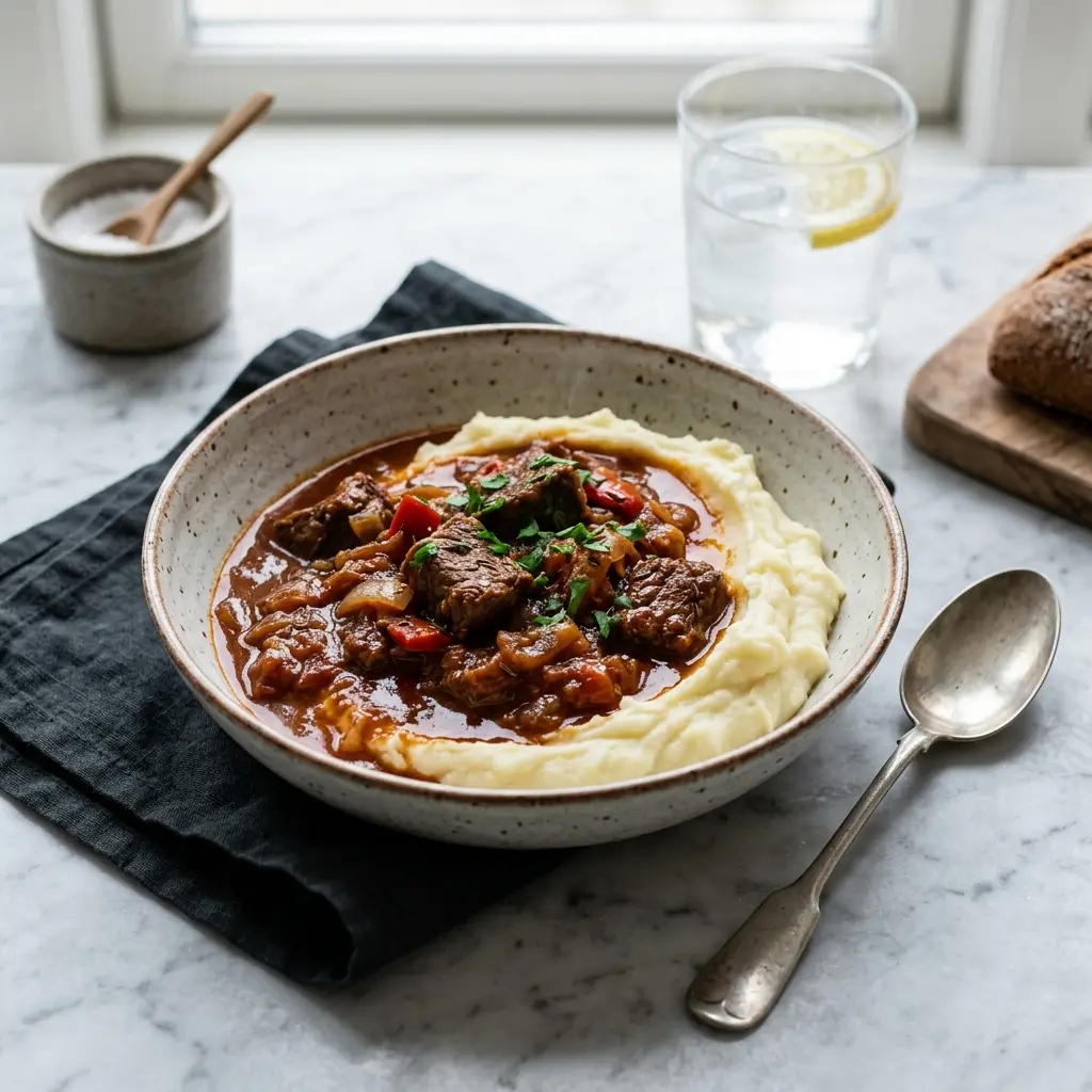 Nylagad gulasch med potatismos serverad på ett aptitligt och hemlagat sätt