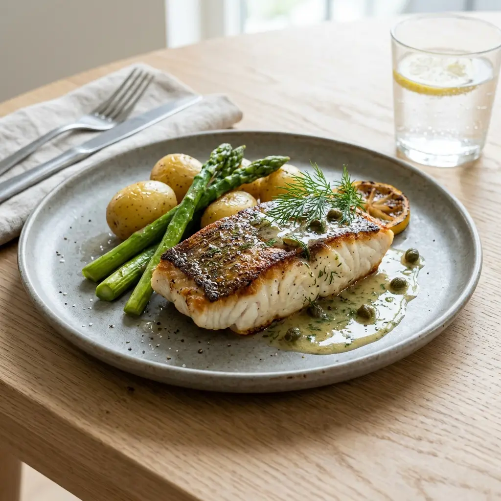 Ett glas hälleflundra i stekpanna serverat kallt och fräscht med enkel garnering